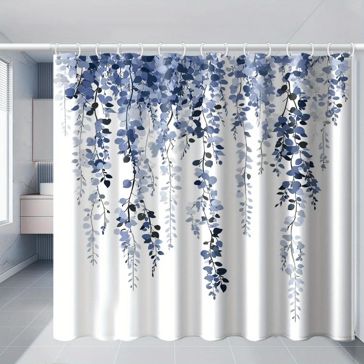 1pc Blue Flower Botanical Cascading Plant Printed Shower Curtain, Machine Washable, with Plastic Hooks, Suitable for Home Use, Blue Flower Curtains, Botanical Curtains