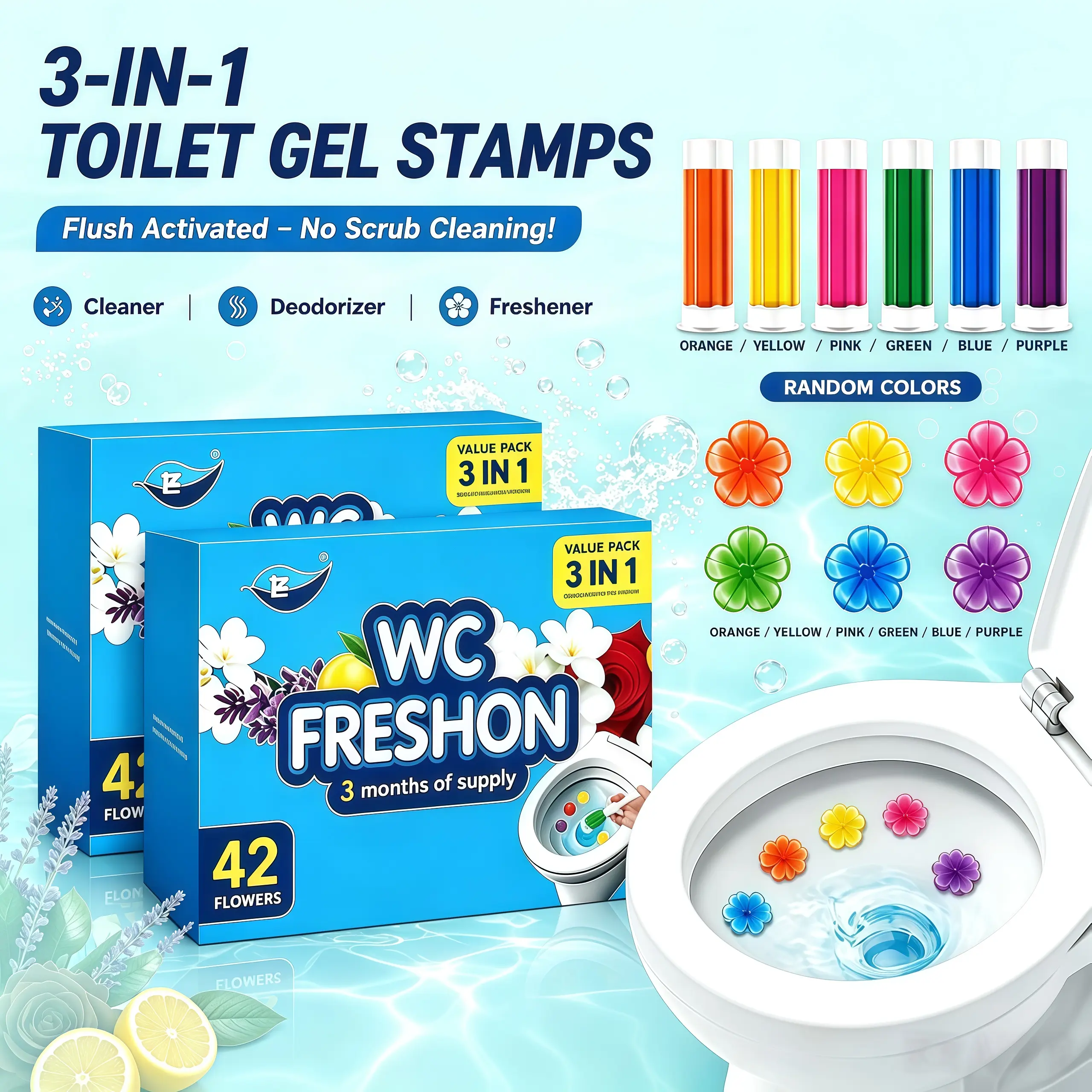Buy1 Get 1 Free,Toilet Gel Stamps – 3-in-1 Toilet Bowl Cleaner & Deodorizer, Flush Activated Freshening Gel, No Scrub Cleaning, Long Lasting Fragrance, Colorful Flower Design (3 Months Supply) steady fresh
