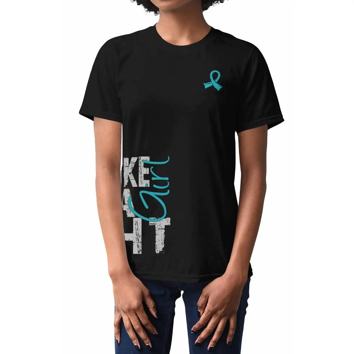 Fight Like a Girl Side Wrap v1 Unisex T-Shirt - Black w/ Teal