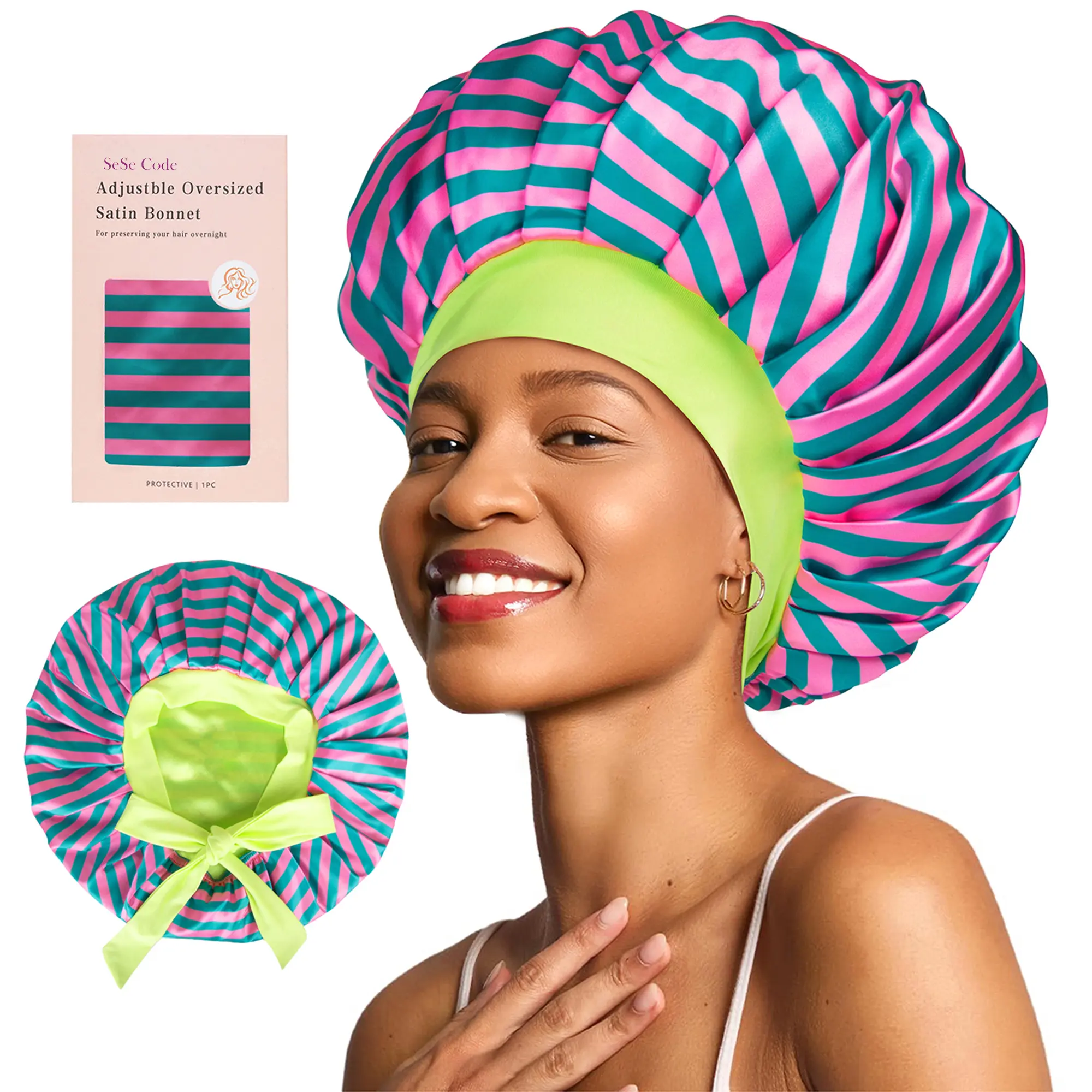 Sese Code Store Sleeping Hat Adjustable Oversized Satin Bonnet - 4