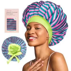 Sese Code Store Sleeping Hat Adjustable Oversized Satin Bonnet - 4 Styles Printed Silk Hair Protection Bonnet for Sleeping, Anti-Frizz Night Cap for Curly/Braided/Long Hair | Orange Floral, Striped, Neon Stripe, Strawberry