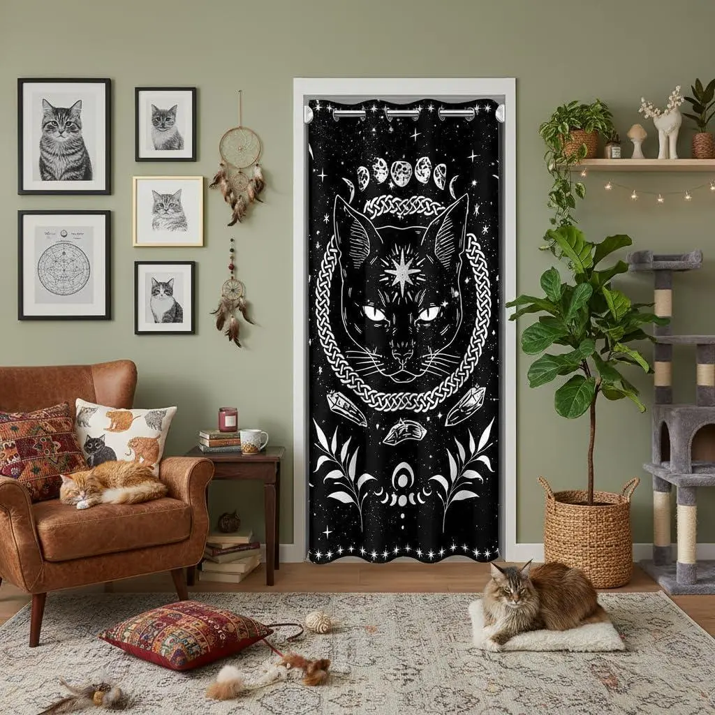 Mysterious Cat Animal Curtain,Boho Tribal Abstract Art Blackout Curtain