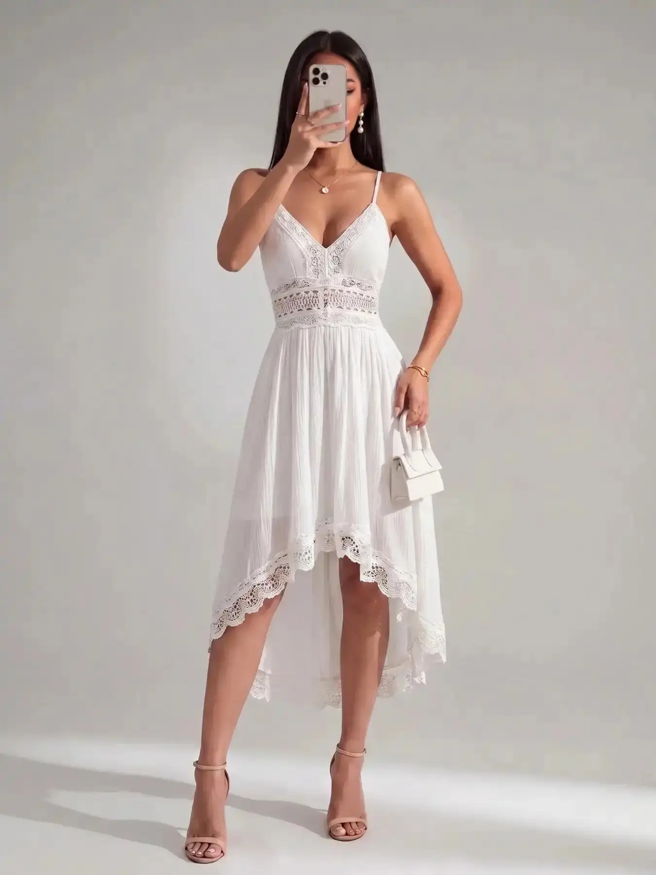 White Lace Trim Spaghetti Strap Asymmetrical Hem Flowy Boho, Bohemian, Western Coastal Cowgirl Midi Dress, Lightweight Fabric, Crochet Waist, Summer Beach Festivals, Feminine Silhouette, Comfortable Loose Fit, Staple for