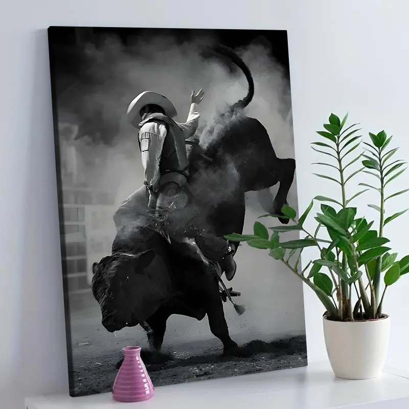Artistic Black and White Rodeo Bull Rider Framed/Unframed Canvas Wall Art Print - Decorative, Customizable Western Room Decor for Living Room, Wardrobe, Nursery, 20x30in(50×75cm) Ideal Home Gift, Multi-Size