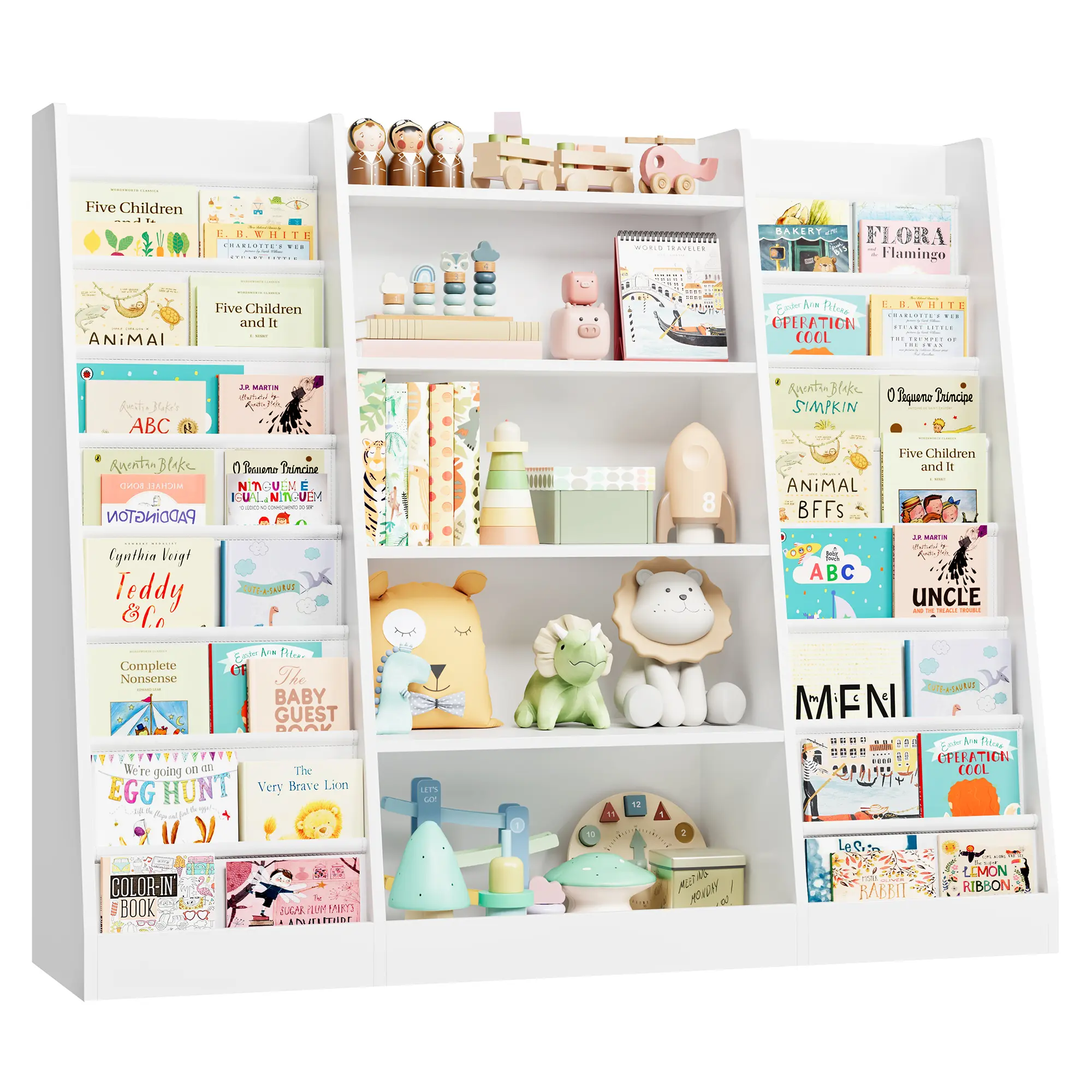 FOTOSOK 51’’ Kids Bookshelf, Toy Storage Organizer with 16 Deep Sling Sleeves, 5-Tier Toy Shelf Organizer for Quick Book Access, Playroom Organization and Storage