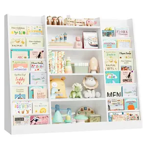 FOTOSOK 51’’ Kids Bookshelf, Toy Storage Organizer with 16 Deep Sling Sleeves, 5-Tier Toy Shelf Organizer for Quick Book Access, Playroom Organization and Storage