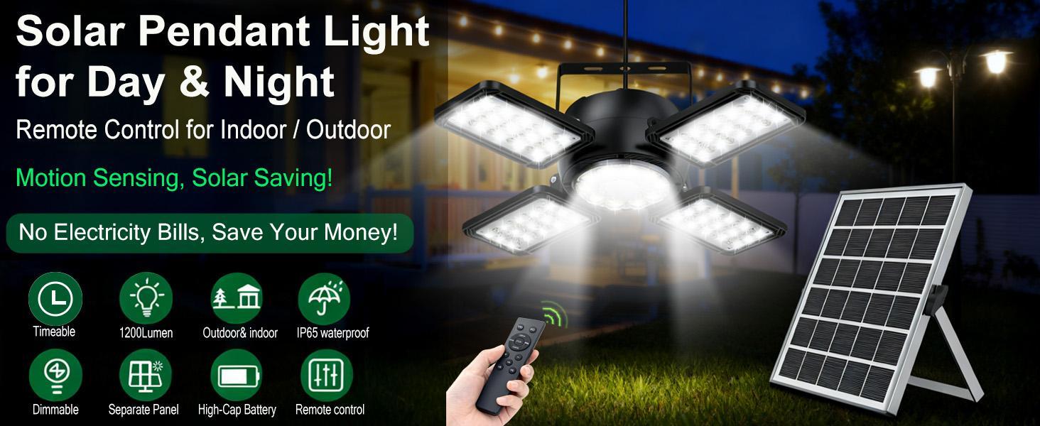 ISUNEMA Solar Shed Light Outdoor Indoor Upgrade 1200LM 174LED 4 and 1 Heads Motion Sensor Pendant Light, Solar Lights with 5 Lighting Modes Remote Control IP65 Waterproof for Barn Patio Gazebo Shop