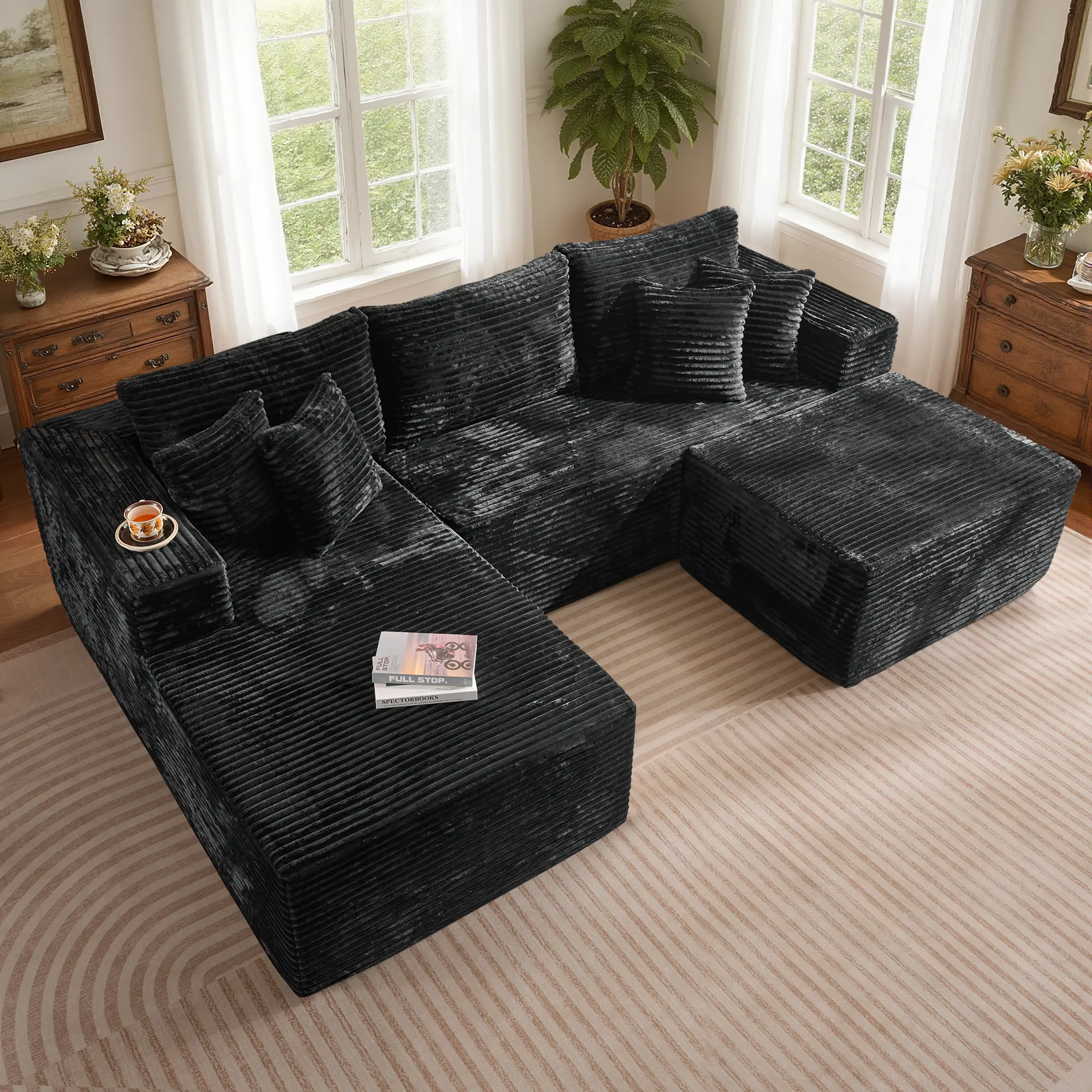 108" Black U Shaped with Ottoman