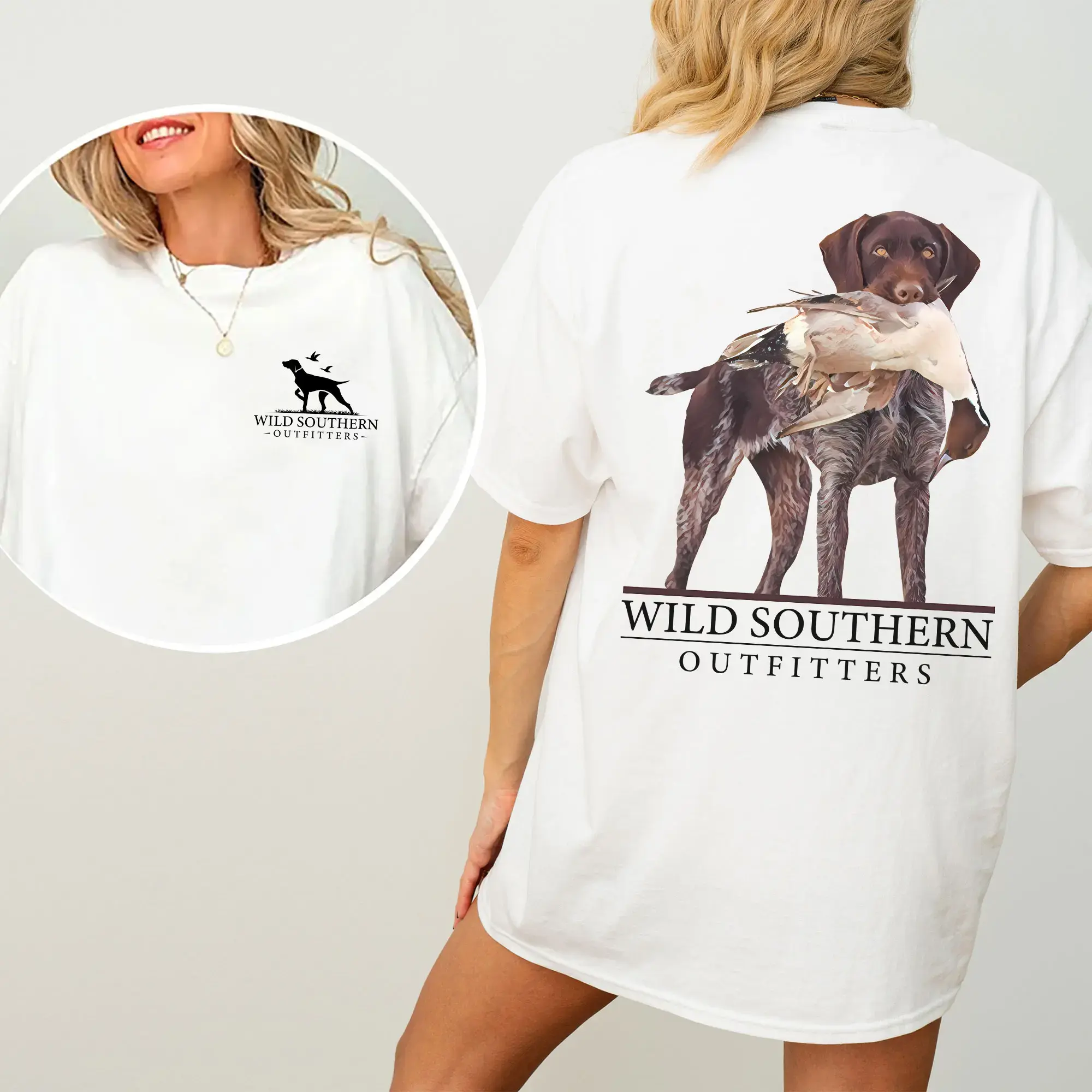 Women's Cotton T-Shirt - German Wirehaired Pointer Duck Hunting Graphic Print, Casual Round Neck Short Sleeve, Custom-Made, Loose-Fitting, Slim-Fitting, Print-On-Demand, Soft All-Seasons Top