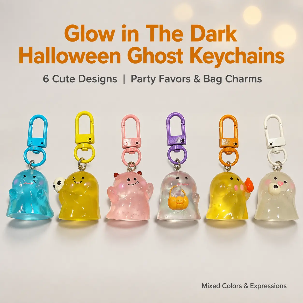 6-Pcs Glow-in-the-Dark Halloween Ghost Resin Keychains, Cute Assorted Key Rings, Spooky Party Favors for Halloween Decor, Car Keys, Backpacks  ,  Birthday gifts