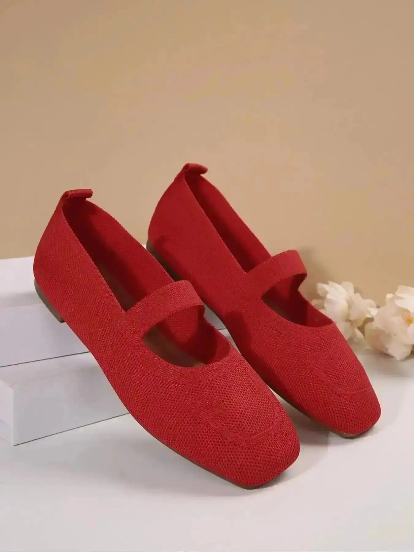 Women's Knit Mary Jane Ballet Flats - Adjustable Strap, Comfortable Rubber Slip-On Casual Shoes for Daily Wear, Lightweight, Versatile, Relaxed, Sporty, Supportive, Trendy, Fashion