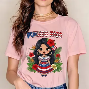 Cute Cartoon Puerto Rico Flag Design Women's T-Shirt With Floral And Cultural Motif Summer Casual Wear For Puerto Rican Pride Gifts For Friends And Family