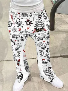 Vintage Pirate Print Bell Bottoms, Retro Style Casual Pants, Geometric Pattern, Fitted Design, All Seasons Wear, Women's Fashion