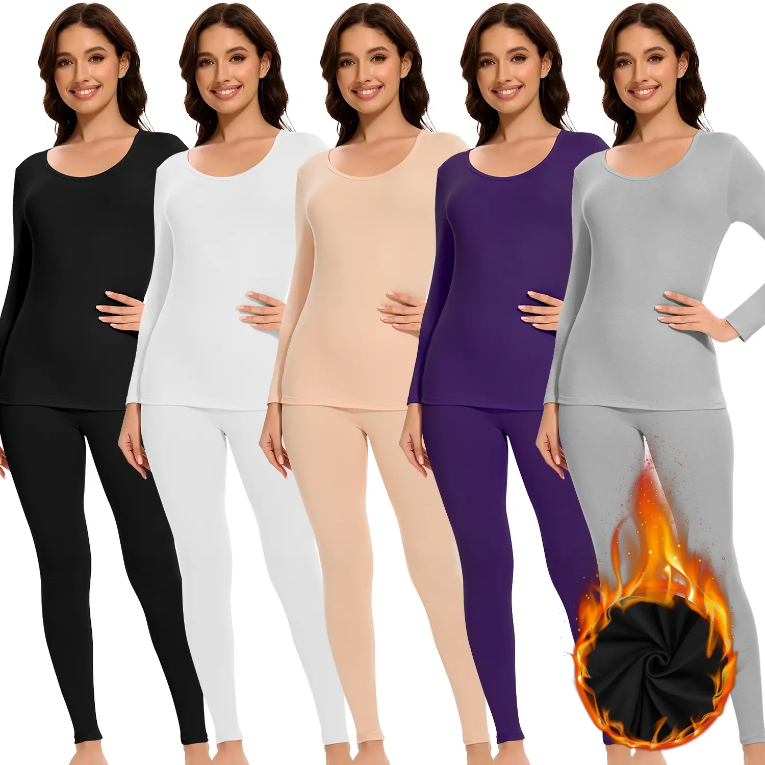 Women's Thermal Underwear Set, Minimalist Fleece Lined Long Johns, Casual Moisture Wicking Base Layer Pajamas for Cold Weather, Clothes, Fabric, Fashion, Sleeves, Funny, Birthday, Cute, Preppy, Polyester