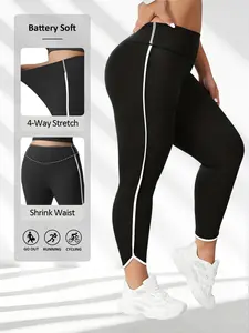 Plus Size Women's Tight Yoga Pants, High Waist Nine-Point Sports Leggings, High Waists Leggings, Side Stripe Design, Stretchy Comfortable for Daily Wear, Athleisure Style Bottoms, High Waisted Leggings