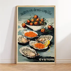 Oysters On The Half Shell Poster, Vintage French Cuisine Print, Classic Kitchen Wall Decor, Sophisticated Culinary Art, Unframed Print Only