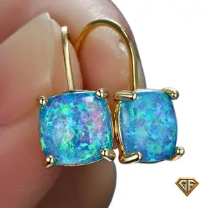 Blue Opal Round Dangle Earrings, Gold Plated Blue Opal Silver, Earring 8mm