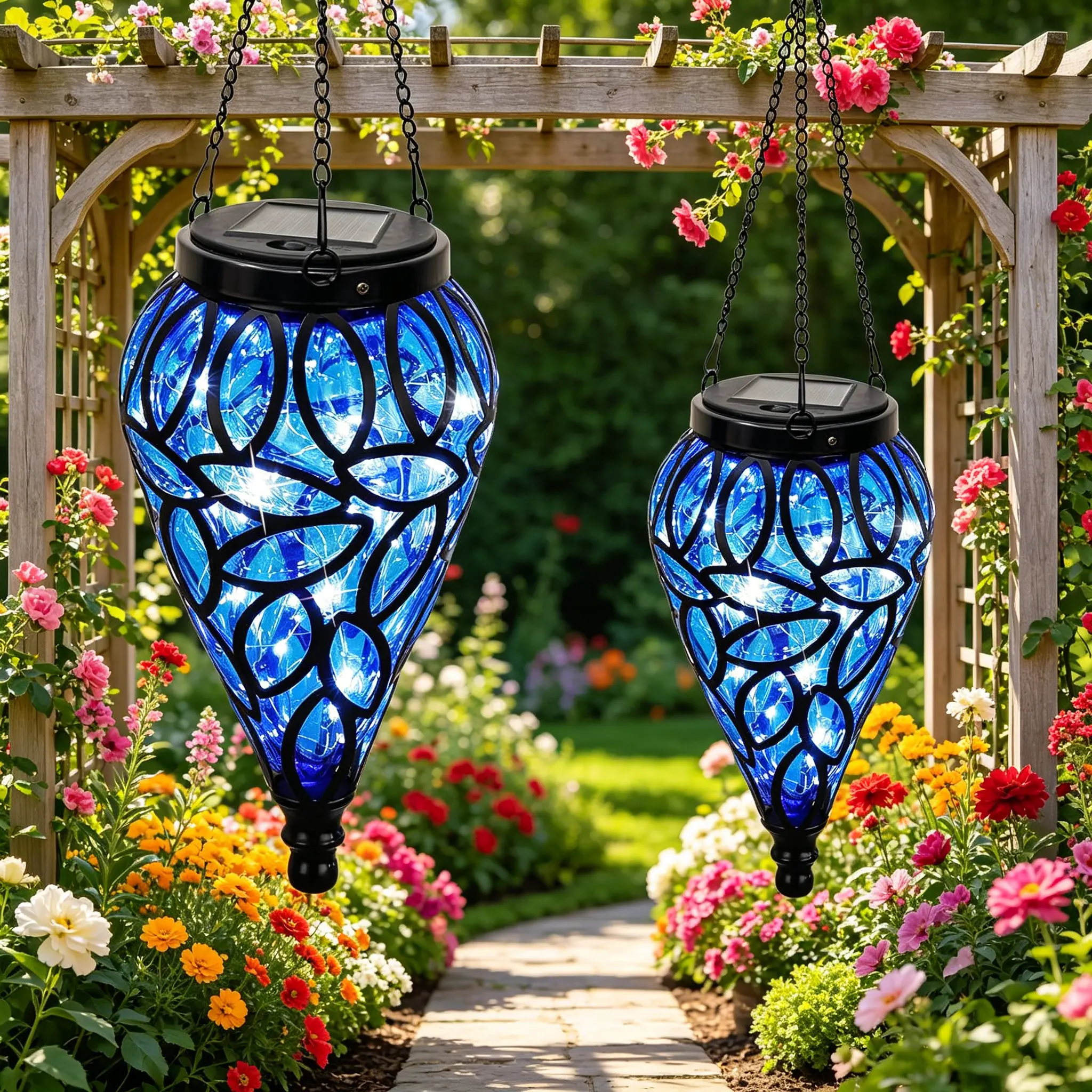 OMRAYTU Solar Powered Hanging Lanterns, Blue Mosaic Glass Outdoor Solar Lights, Waterproof LED Decorative String Lights for Patio, Garden, Yard, Porch, Tree, Party Decoration,