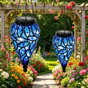 OMRAYTU Solar Powered Hanging Lanterns, Blue Mosaic Glass Outdoor Solar Lights, Waterproof LED Decorative String Lights for Patio, Garden, Yard, Porch, Tree, Party Decoration,