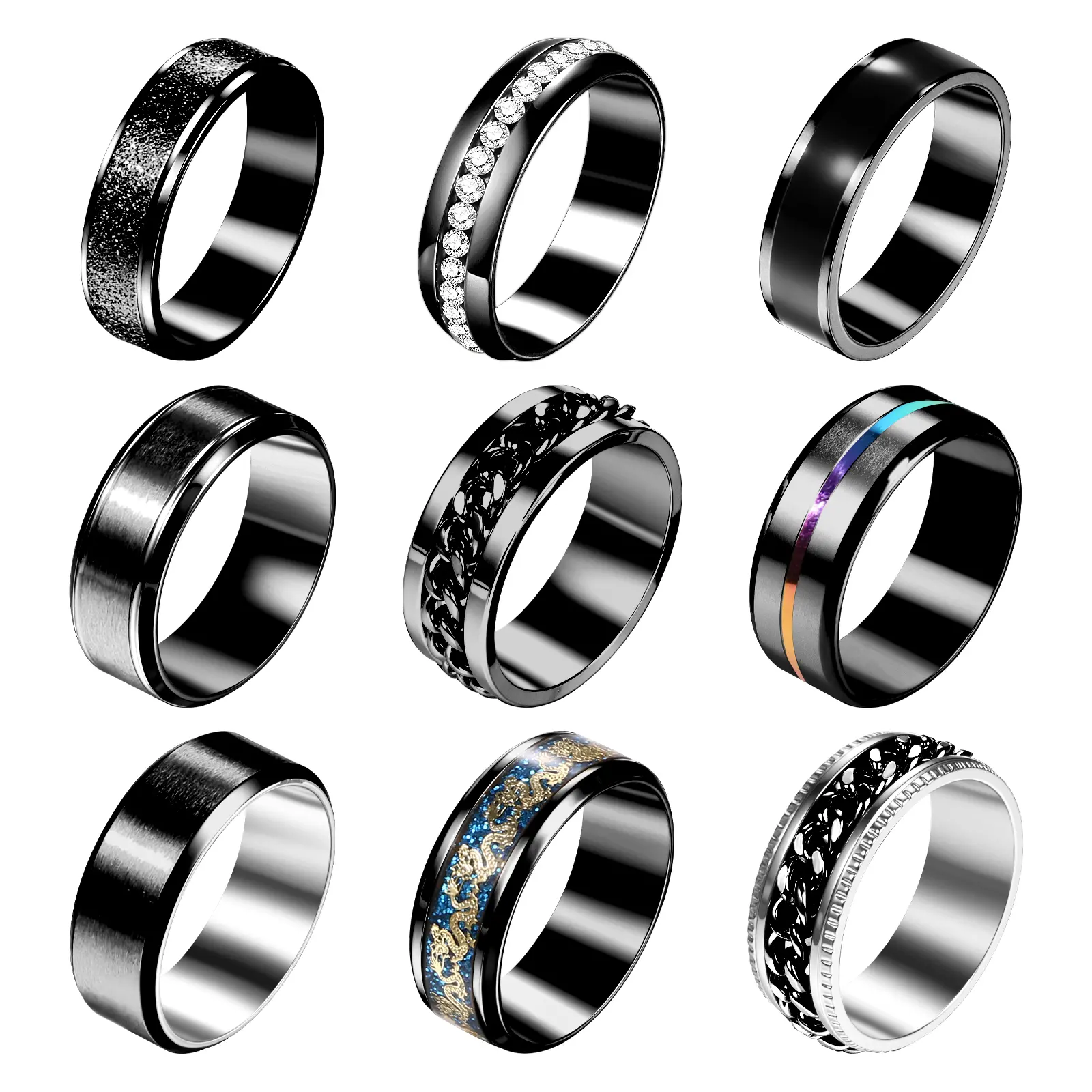 OIDEA Men's 9-Piece Stackable Stress Relief Rings Bundle - Anti-Tarnish Steel Interchangeable Bands, Spinner Band, Kinetic Rings, CZ Accents, Chain Detailing, 6mm & 8mm Sizes, Casual Wear Statement Accessory