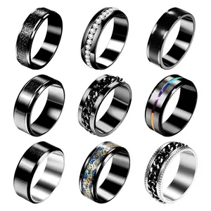 OIDEA 9-Piece Men's Rings Set, Stackable Stainless Steel Bands with Fidget Spinner, CZ Accents and Chain Detailing, Multi-Size 6mm & 8mm, Spinners