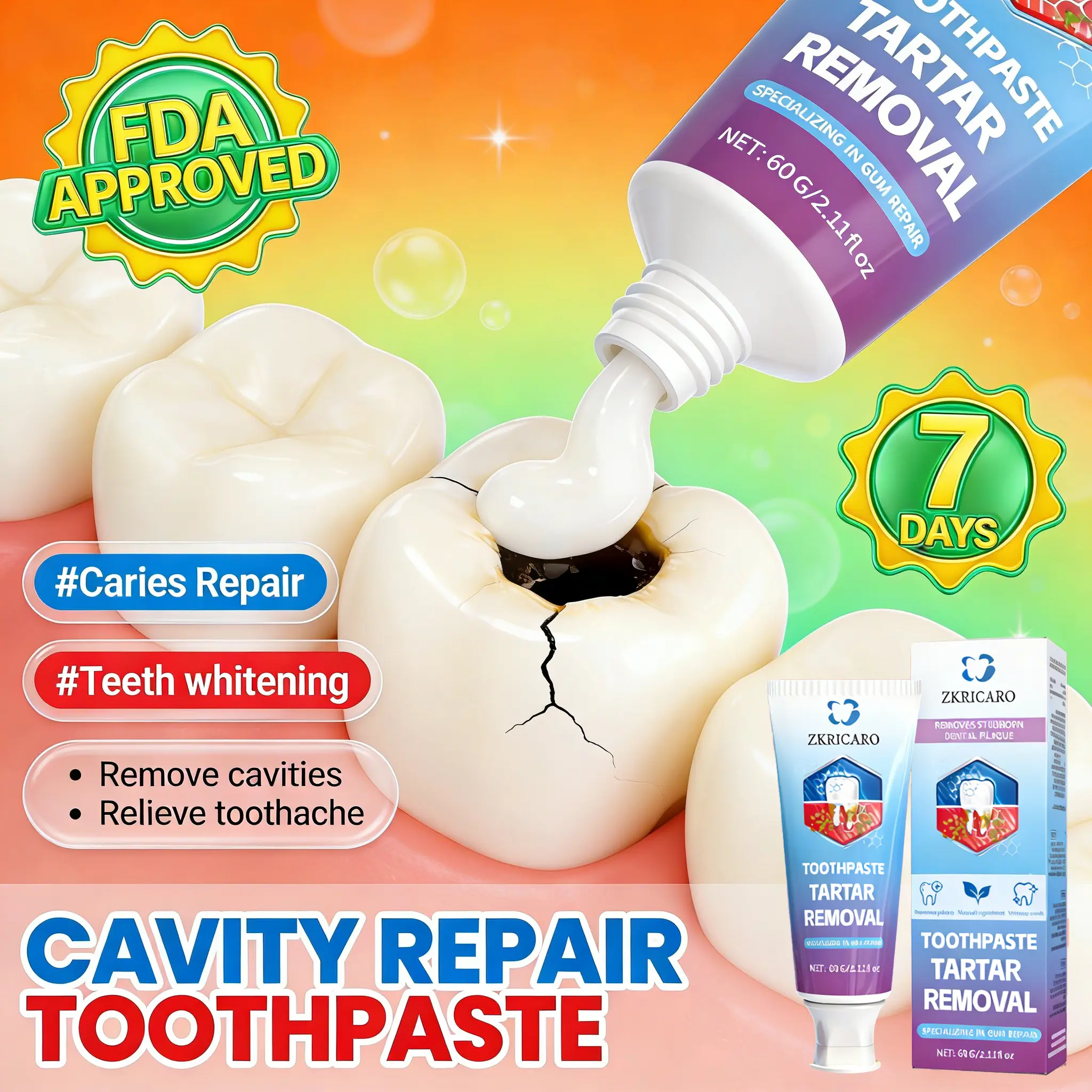 ZKRICARO Anti-Cavity Toothpaste - FDA certified, strengthens tooth enamel, removes plaque and tartar, repairs cavities, and whitens teeth.