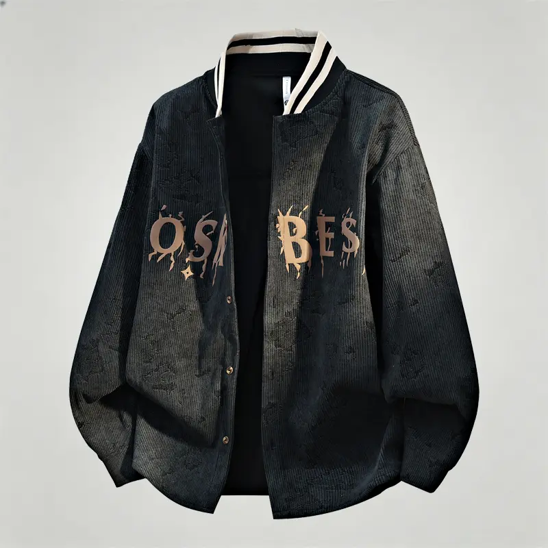 Corduroy Varsity Jacket Unisex Letter Graphic Striped Rib Collar Snap Button Loose Y2K Grunge Hip Hop Skater Streetwear Casual Outerwear