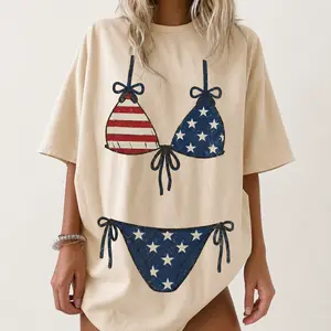USA Flag Bikini Fake Body Graphic Oversized T Shirt for Women Funny Patriotic Summer Aesthetic Blend Funny Bikini Print Shirt Bachelorette Party Tee Bikini Graphic T Summer Vacation Outfit 4th of July Beach Cover Up