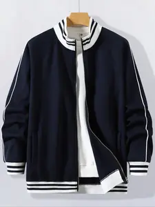 Vintage American Baseball Jacket, Striped Patchwork Zipper Sporty Coat, High Street Casual Outerwear, Unisex Street Style Top