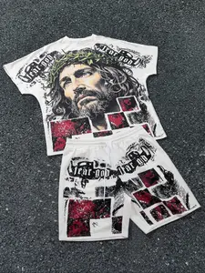 Men's Jesus Print Short Sleeve Tee & Shorts Loungewear Clothes, Loose Casual Comfy Round Neck T-shirt & Shorts PJ Set, Men's Sleepwear for Summer