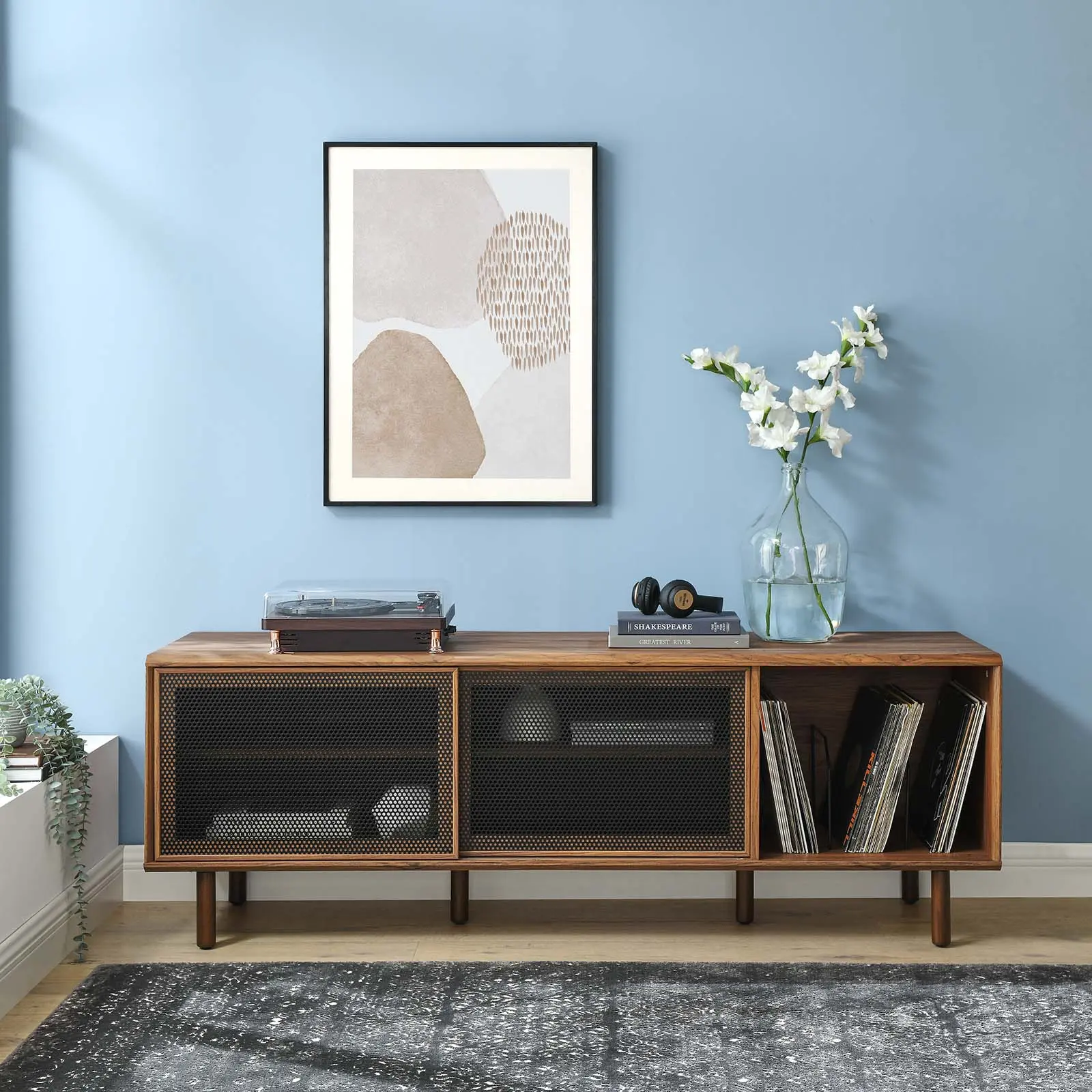 Modway Kurtis 67" TV and Vinyl Record Stand in Walnut, Tv Console Table, Modern Tv Stand