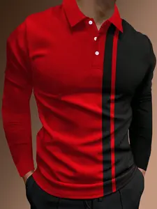Men's Patchwork Print Half Button Fitted Polo Shirt, Regular Fit Casual Longsleeves Collared Top, Polo Shirts Men, Fall Outfits, Fall Going Out Tops, Men's Clothing, Polo Tees, Fashion Men's Clothes for Daily Wear, Menswear, Golf Colorblock Polo Shirt