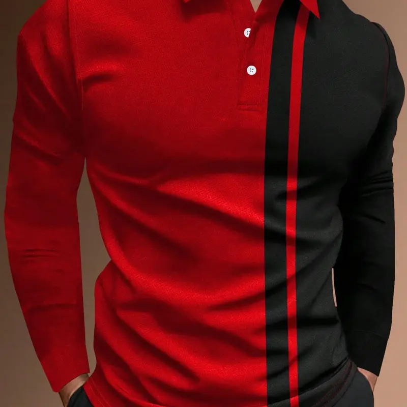 Men's Patchwork Print Half Button Fitted Polo Shirt, Regular Fit Casual Longsleeves Collared Top, Trendy Casual, Polo Shirts Men, Fall Outfits, Men's Clothing, Golf Colorblock Polo Shirt