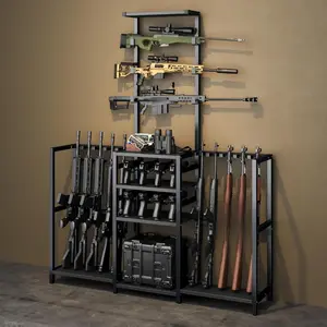 Display Stand 68" Tall Rack, Indoor Gun Racks for Floor Standing Gun Display Stand Rustic Wooden Gun Stand with Soft Padding and Pistol Holder, Holds up 13 Long Guns and 8 Handguns(Black, 53.3" L)