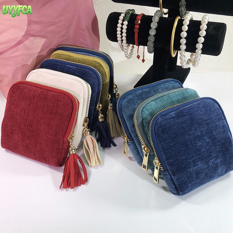 Women’s Tasseled Zippered Chenille Fabric Jewelry Pouch - Satin-Lined, Anti-Scratch, Travel-Ready Portable Storage Bag for Rings, Bracelets, Earrings, Necklaces, Ideal for Daily Carry, Holiday Gift, Accessory Organizer