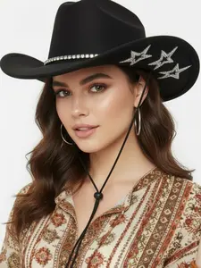 Bohemian Denim Floppy Hat with Faux Rhinestone Ring, Shiny Star Design, Windproof Strap, Fashionable for Music Parties, Gatherings, Birthdays