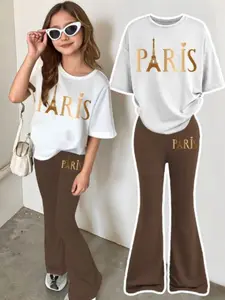 Girls' Summer Casual Comfort Fashion Style Set, Cartoon Print Round Neck Short Sleeve T-Shirt & Bell Bottom Pants Two-Piece Outfit