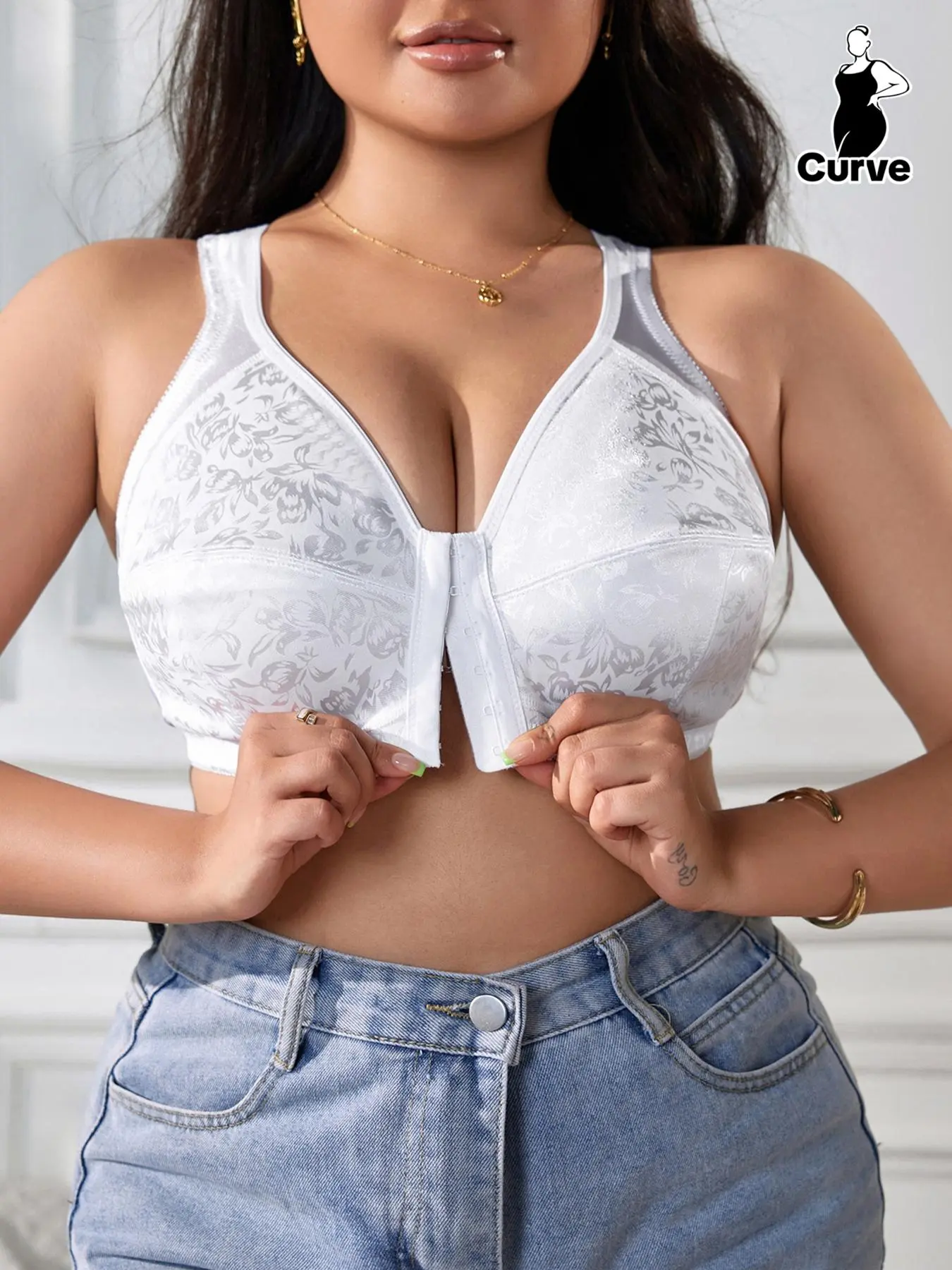 Plus Size Floral Pattern Hook & Eye Front Bra, Comfy Breathable Medium Wireless Bra, Women's Casual Fashion Lingerie Underwear Fit for Daily Wear, Womenswear, Lady, Breathable Bras