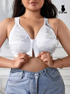 Plus Size Floral Pattern Hook & Eye Front Bra, Comfy Breathable Wireless Bra, Women's Fashion Lingerie for Daily Wear