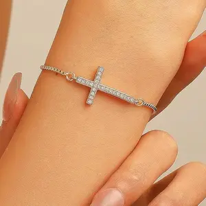 Silver/Gold Plated Cross Bolo Bracelet Adjustable Sideway Cross Bracelet, Crystal Pave Slider Chain Minimalist Religious Jewelry