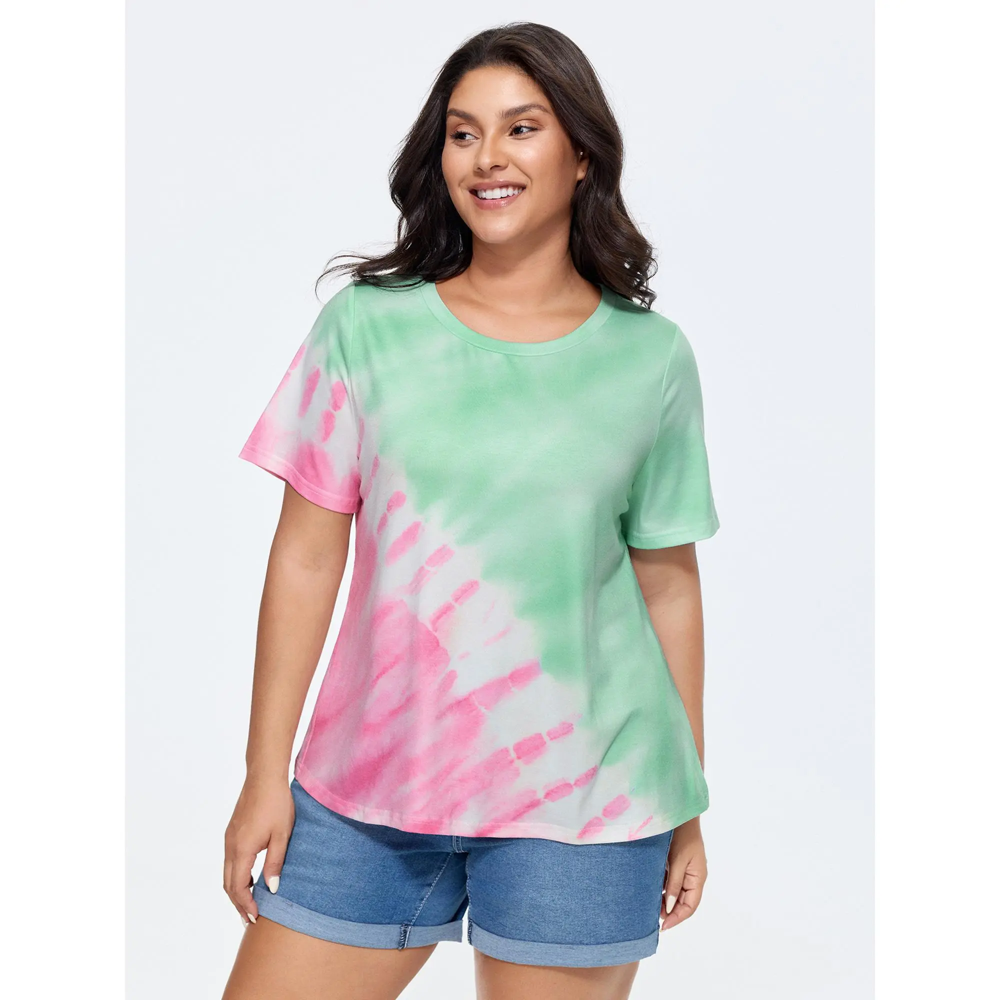 Women's Casual V-Neck T-Shirt with a Simple Multicolor Tie-Dye, Soft, Breathable Polyester Rayon Spandex Fabric, Everyday, Low Iron
