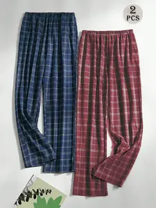 Men's Sleepwear Pants Set, Plaid Print Lounge Bottoms, Comfortable Casual Pajama Leggings, Ideal for Home Wear & Relaxing Days, Homewear, Pjs, Pyjamas, Loungewear, Slim Fit, Sleep Sets