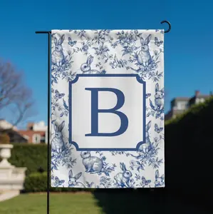 Personalized Blue Toile Bunny Garden Flag | Monogram Spring Easter Yard Flag | French Country Rabbit Outdoor Decor | Easter Outdoor Flag