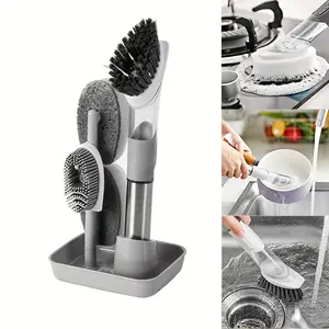 3-in-1 Kitchen Cleaning Brush Set with Soap Dispenser - Long Handle, Removable Sponge for Dishes & More, Durable Nylon Bristles, Space-Saving Design, Automatic Liquid Dispenser, Kitchen Gadgets
