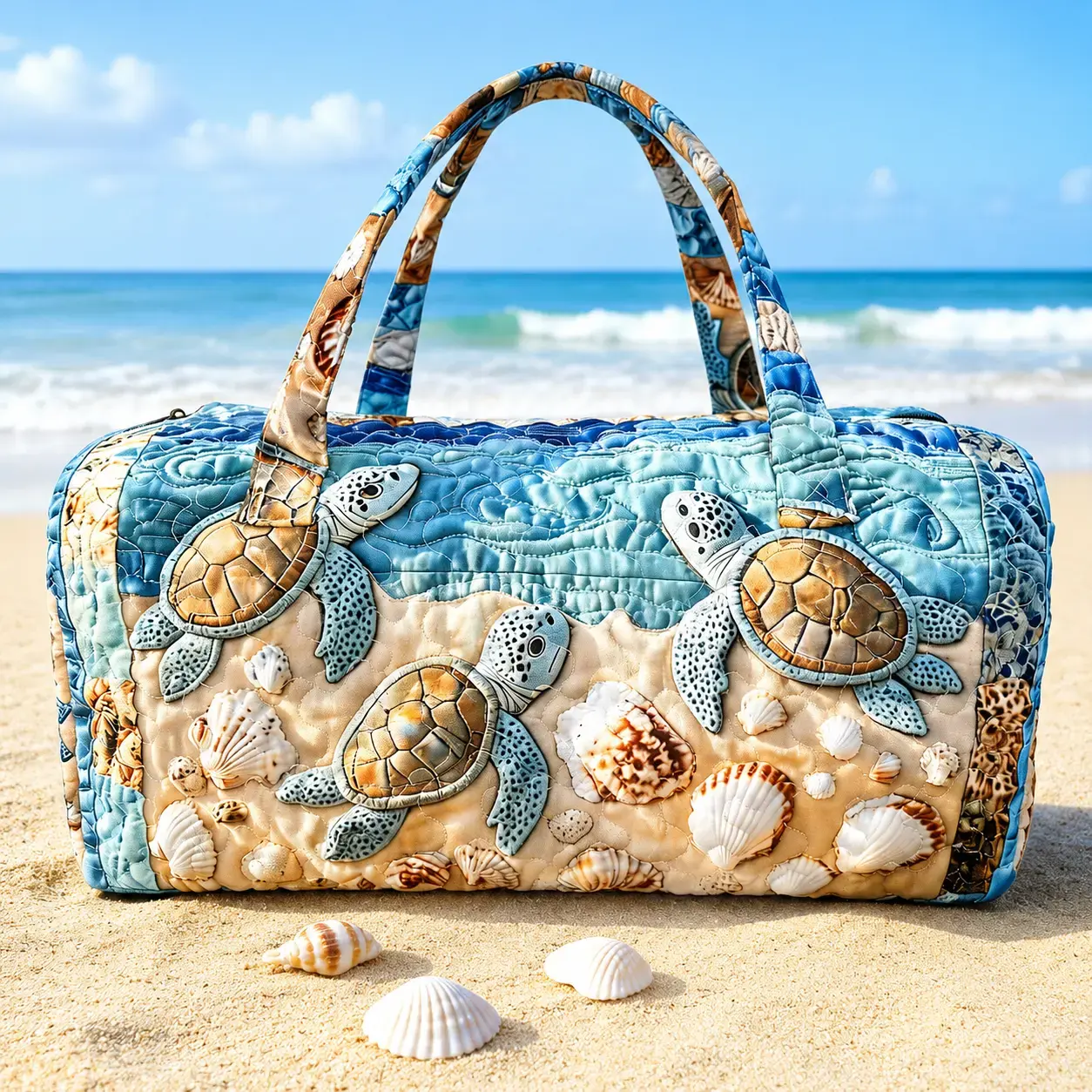Quilted turtle travel bag, ocean shell beach high-definition printed luggage bag, large capacity ocean themed sports and fitness bag, summer vacation hand-held travel bag, boho coastal duffel lightweight tote handbag outdoor vacation pool bag
