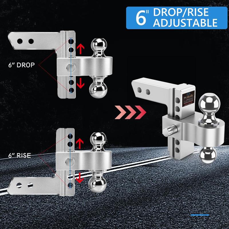 Adjustable Trailer Hitch, 6 Inch Drop Hitch Ball Mount (Fits 2-Inch Receiver), 12,500 LBS GTW, (2" & 2-5/16") Chrome Plated Steels Balls, Aluminum Tow Hitches with Two Anti-Theft Pins Locks