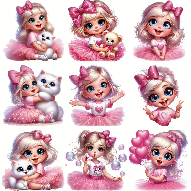 9-piece set of adorable pink princess heat transfer patches, cute cartoon bow Heart iron-on , suitable for sweatshirts, pillows, and jeans.