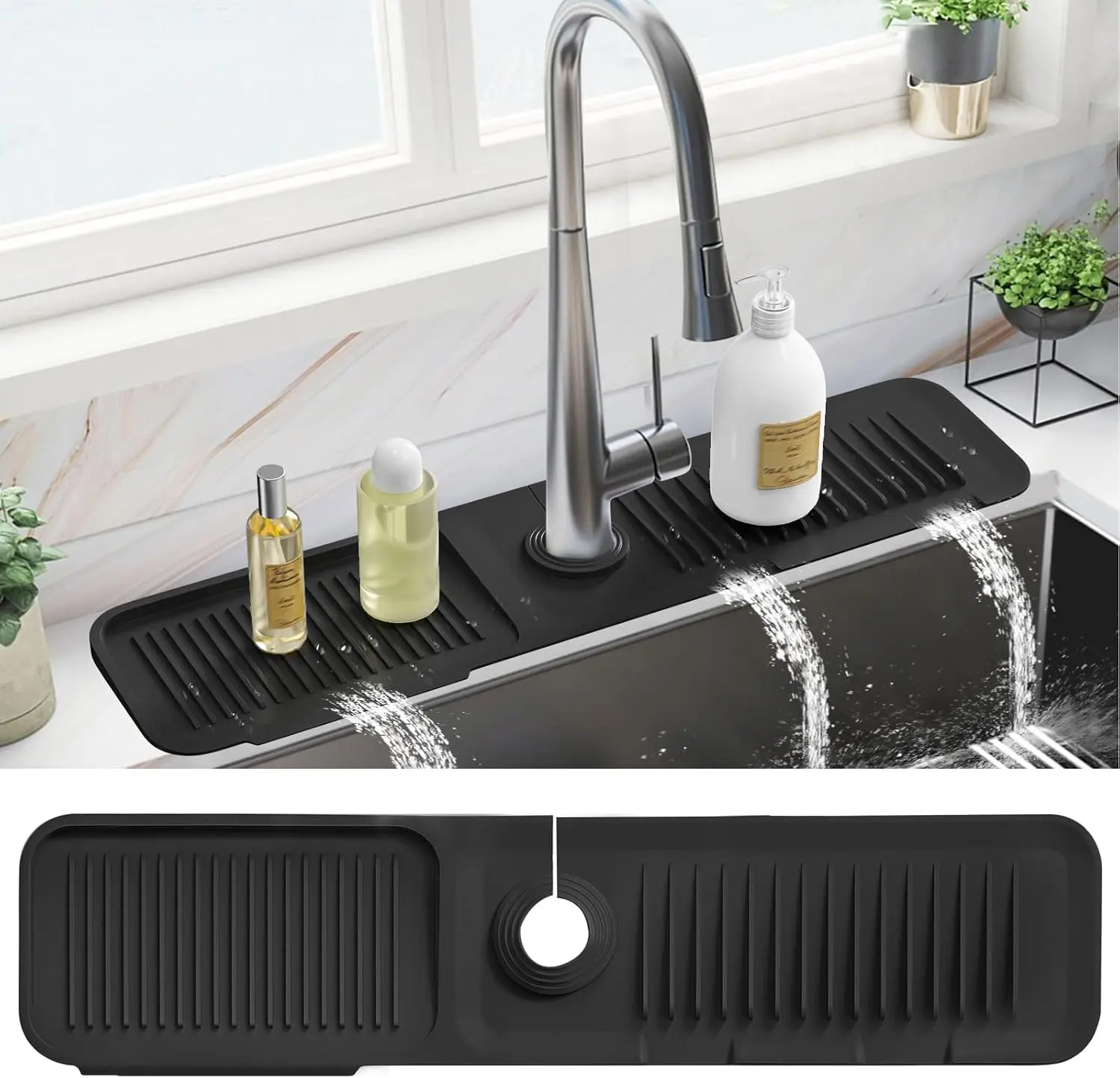 24-Inch Oblong Second Gen Food-Grade Silicone-Rubber Faucet Mat, Foldable Kitchen Sink Splash Guard with 7° Slope Self-Draining, Adjustable Water Catcher Pad, Easy to Dry & Reuse, Farmhouse Counter Protection, Easy to Clean Home Organizer, Bar, Durability