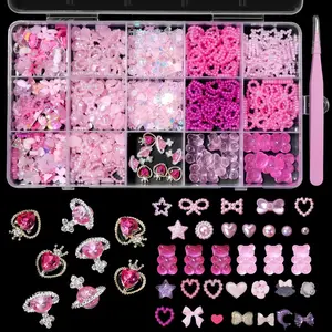 3D Color Assorted Pearls Gems Nail Charms Heart Butterfly Bow Bear Nail Charms Star Bows Pearls Planet Nail Charms for Manicure DIY Crafts Jewel Accessories for Women Nail Charms