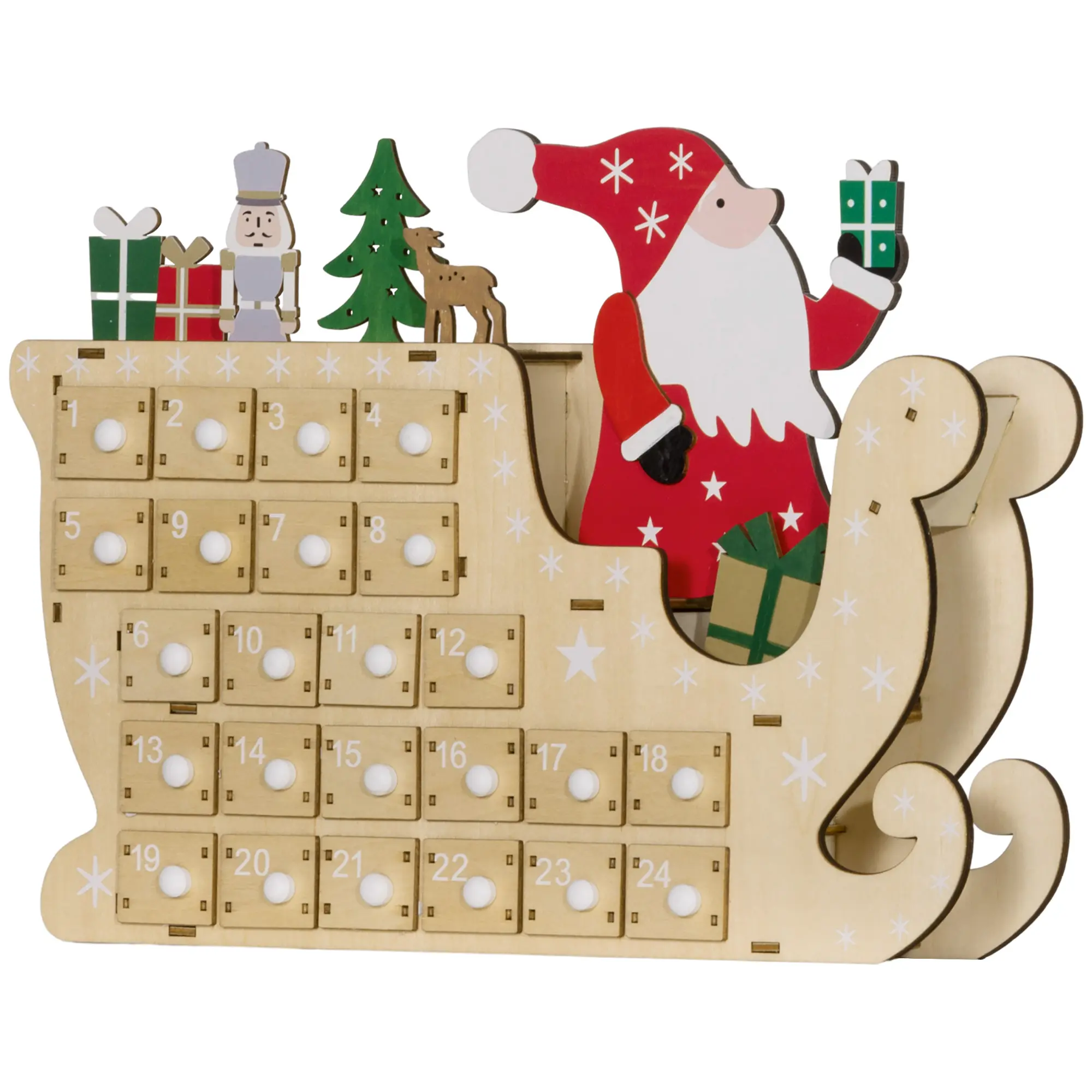 Natural Wooden Christmas Advent Calendar, Themed Christmas Decor with 24 Countdown Drawers, Santa Sleigh Pattern, Reusable Holiday Ornament, Ideal Festival Gift